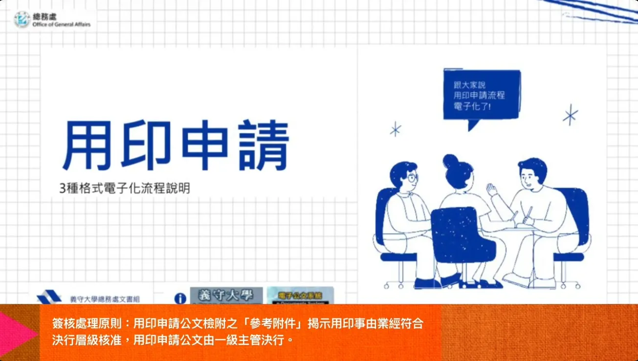 用印申請公文檢附之「參考附件」揭示用印事由業經符合決行層級核准，用印申請公文由一級主管決行。