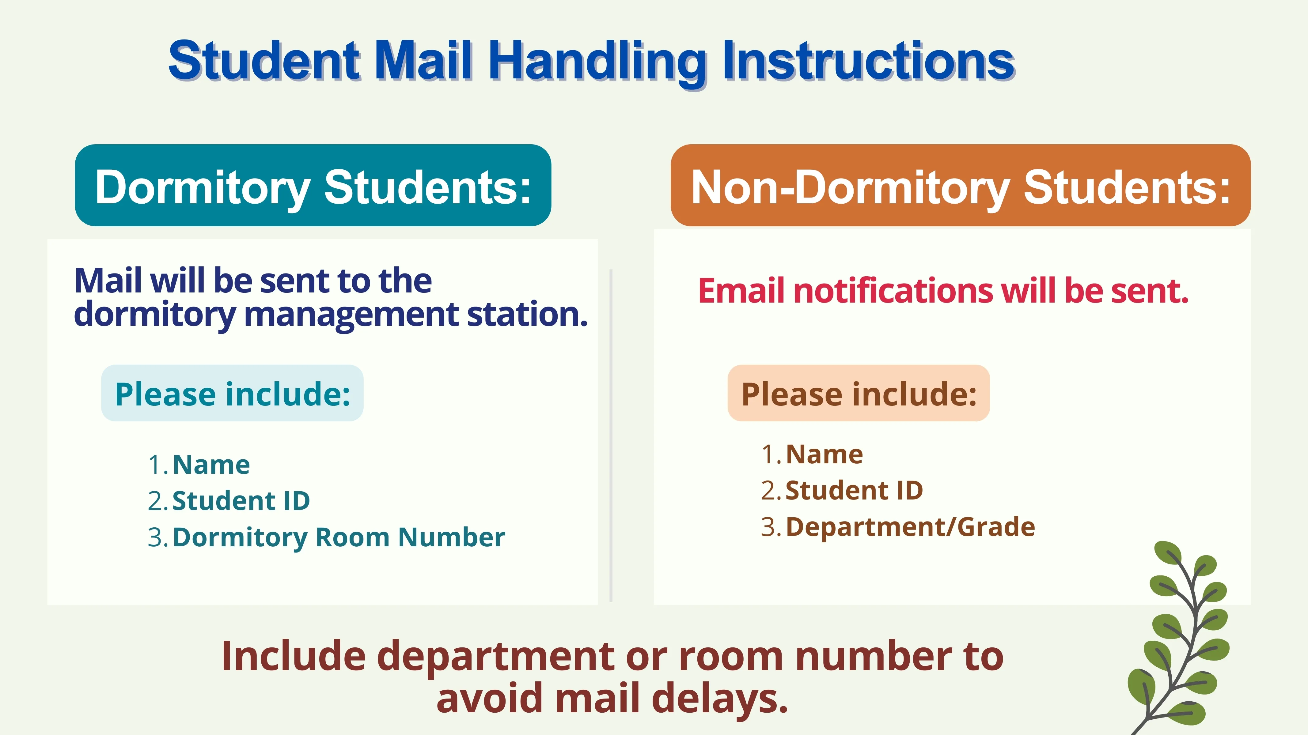 Notes for students sending mail to school